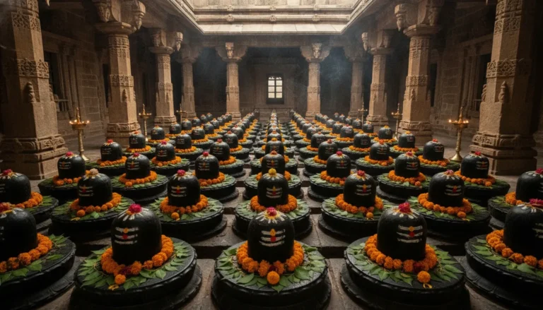 A panoramic view of 108 shivlings arranged in rows inside Omkareshwar temple.