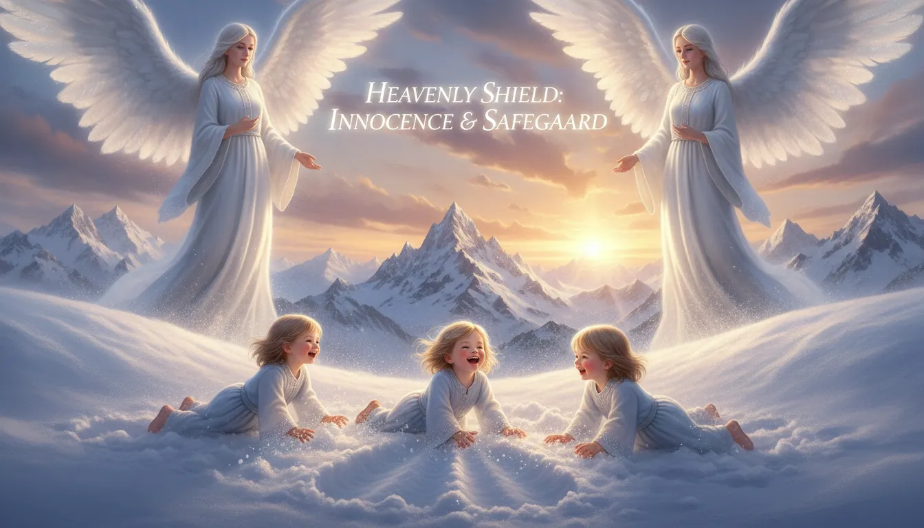 Guardian angels with large white wings watching children play in mountain snow