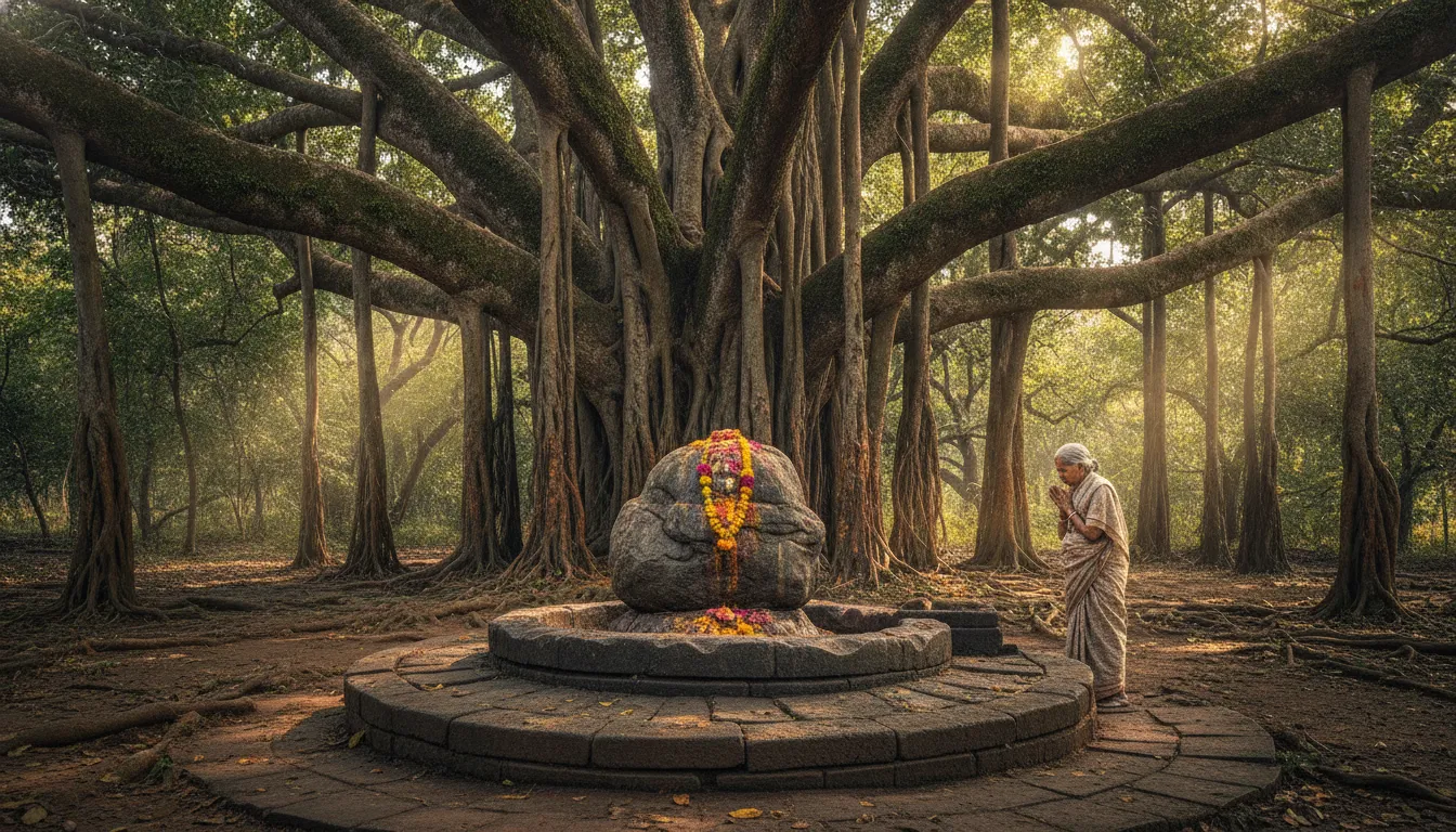 A very old, naturally formed Shivling (often called a Swayambhu) located at the base of a massive, revered ancient tree.