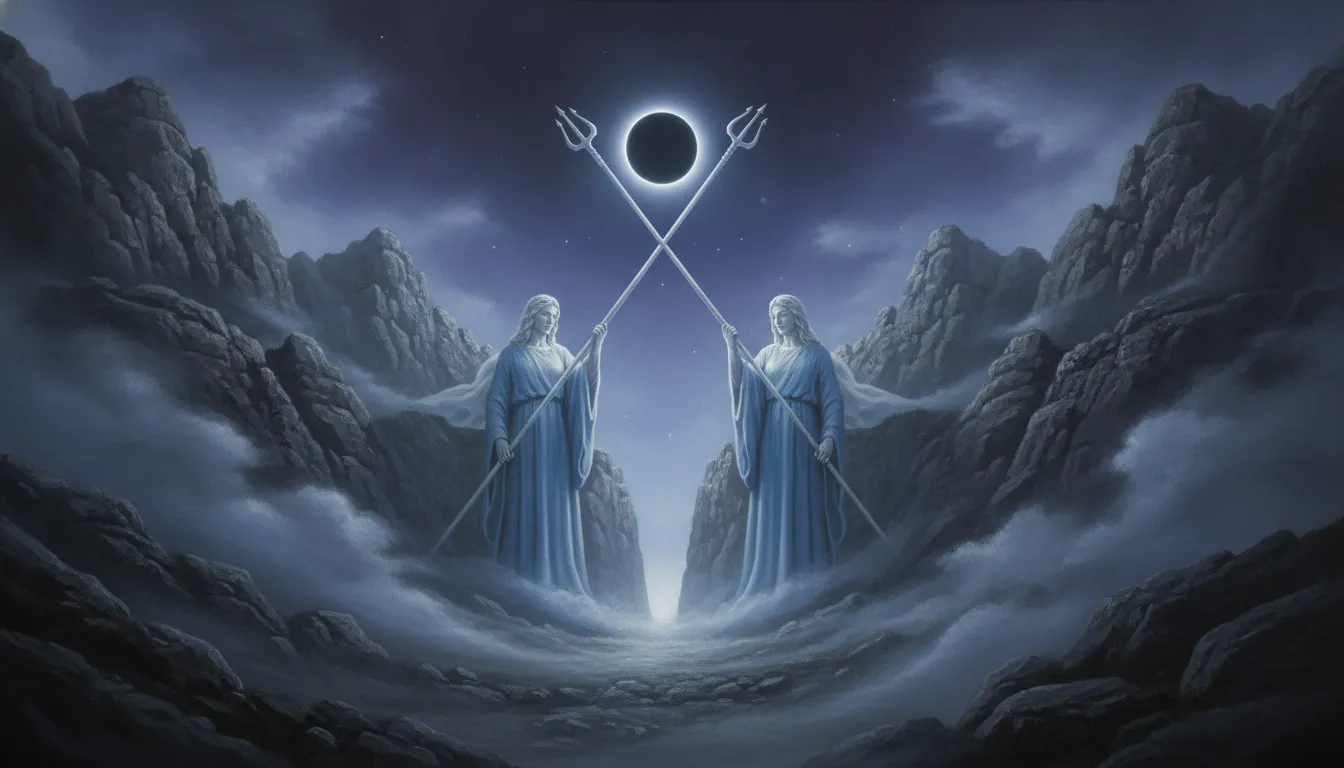 Twin divine silhouettes with tridents standing at the entrance of a misty mountain pass under an eclipse.