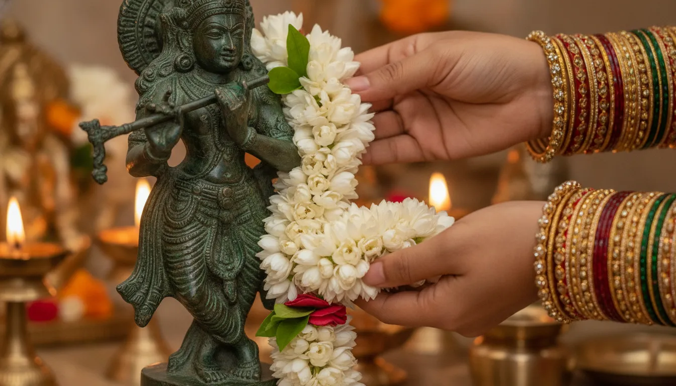 A close-up shot of a devotee's hands gently placing a fresh jasmine garland around a bronze Hindu deity statue.