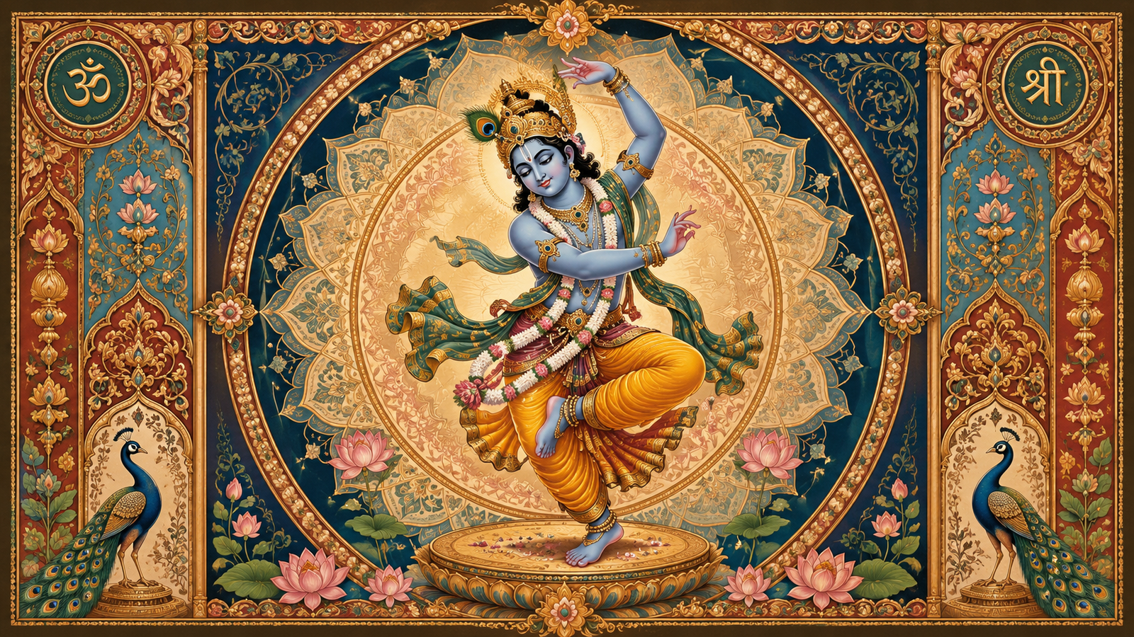 Detailed hand-drawn painting of a deity dancing inside a geometric mandorla