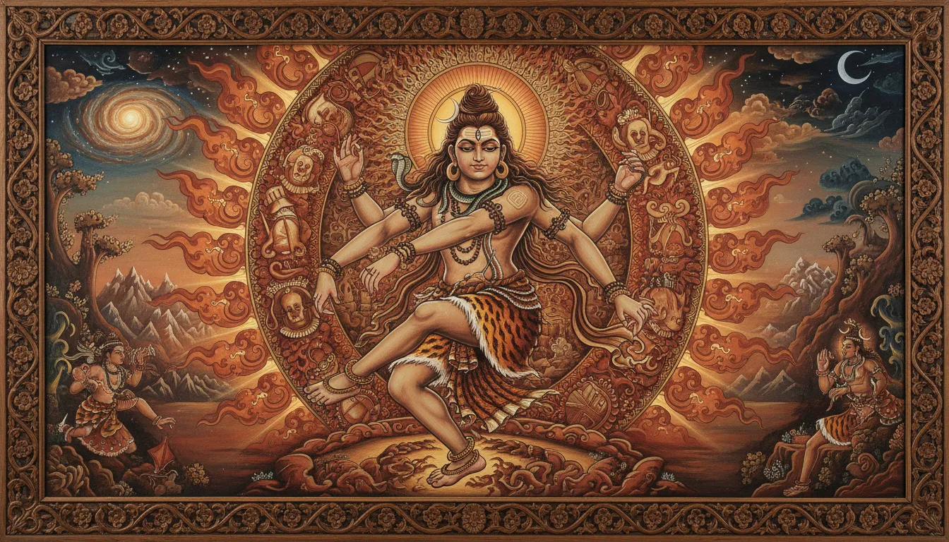 Detailed hand-drawn painting of a deity executing the dynamic Tandava dance form
