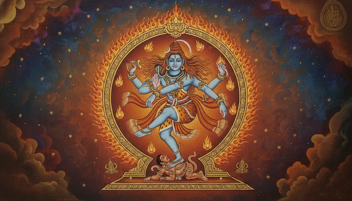 Hand-drawn painting of Lord Shiva performing the cosmic dance within a circular flame frame