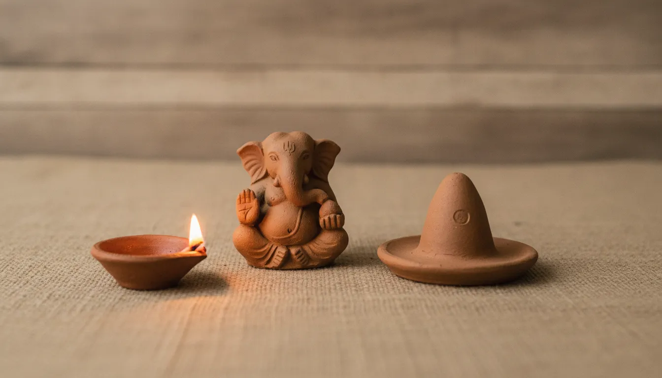 Minimalist handcrafted eco-friendly clay idols of Lord Ganesha and a small Shivling lit by a single earthen oil lamp