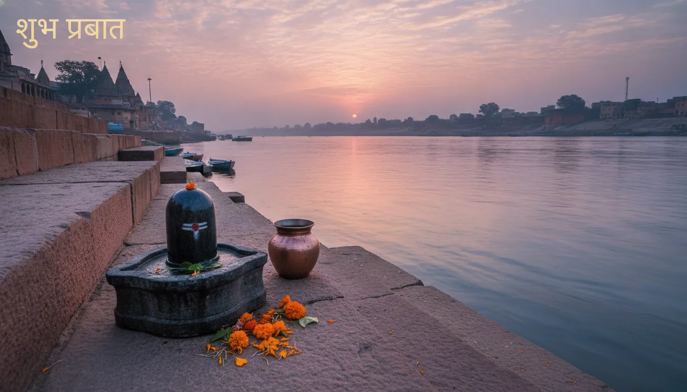 A peaceful shivling setup on the banks of the holy Ganges river during morning hours.