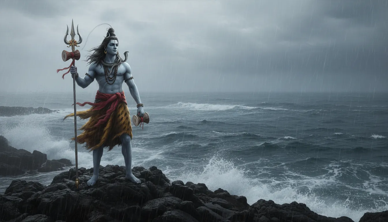 A high-definition photo of Lord Shiva standing on a rocky shore, holding his Trishul and Damru, representing "har har mahadev new photos hd."