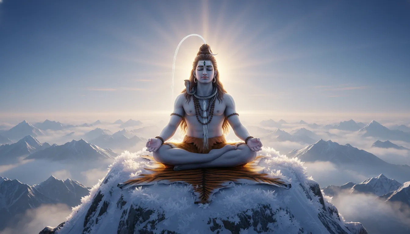 Lord Shiva sitting in profound meditation on a snowy Himalayan peak, representing "har har mahadev new photos hd."