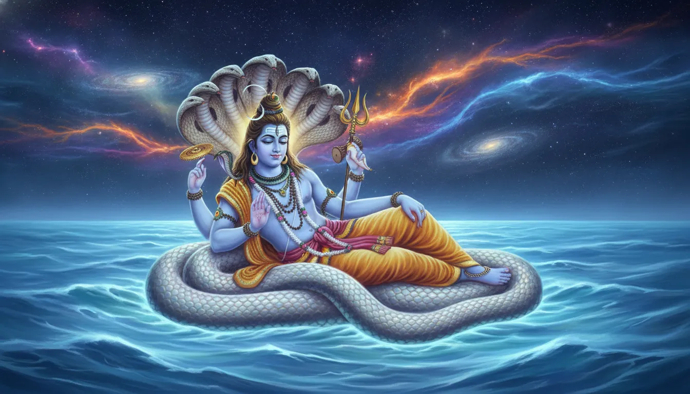 Lord Vishnu and Shiva combined as Harihara resting on the coils of Sheshnag in the cosmic ocean.