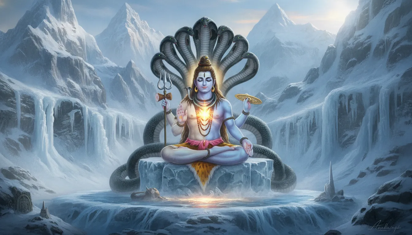 Divine form of Harihara awakening on the snow-covered peaks of Mount Kailash.