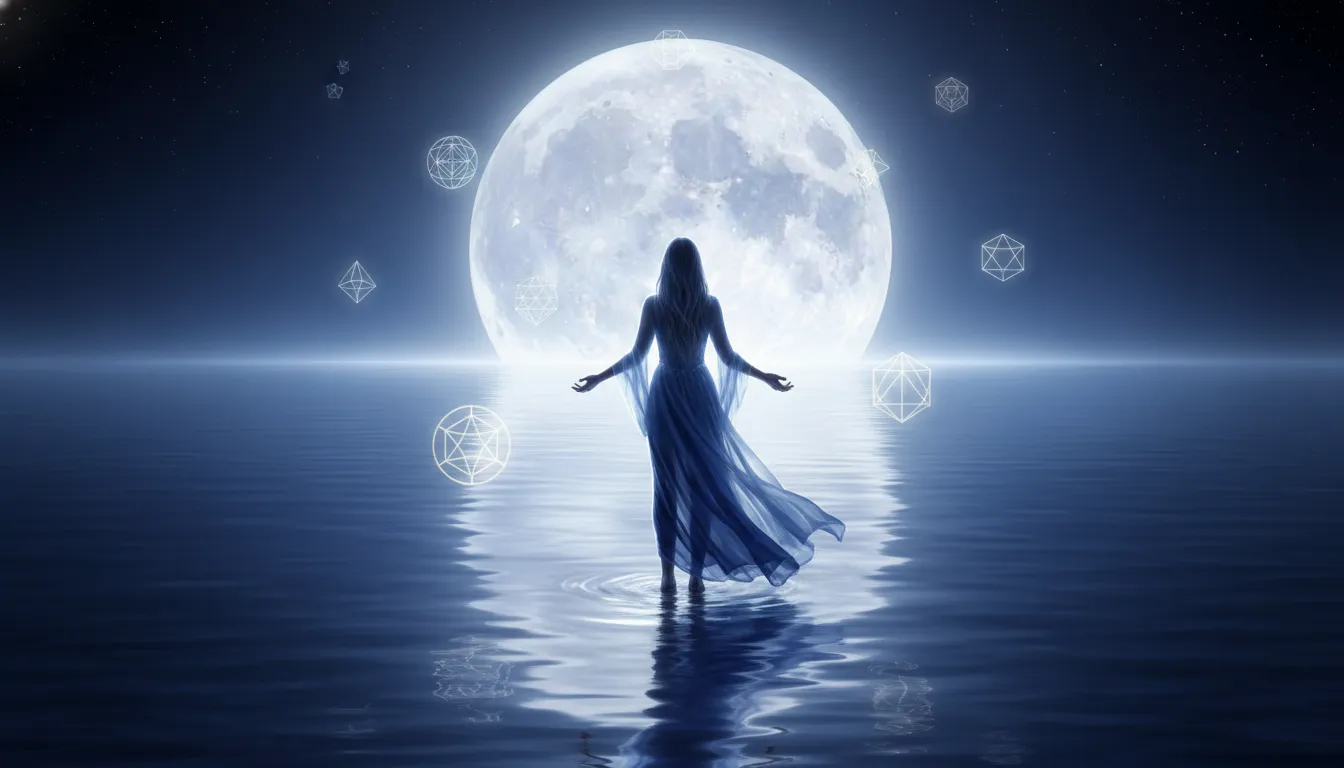 A woman standing in calm ocean water reflecting a massive glowing full moon with healing symbols