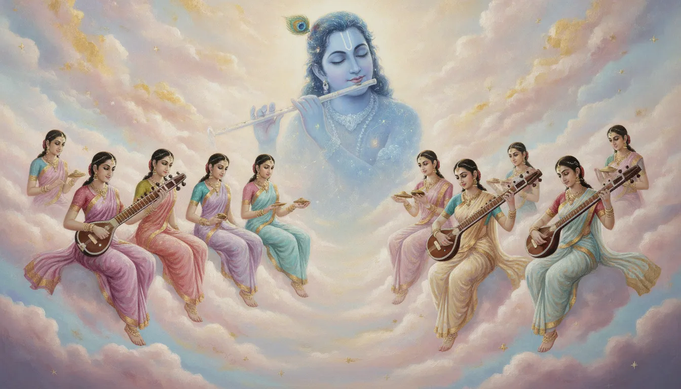 Devotional figures playing music on colorful clouds with a large blue Krishna figure in the sky.