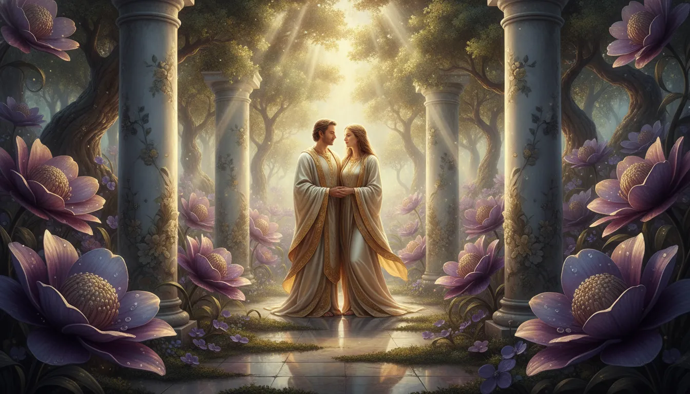 Divine couple surrounded by exotic flowers and white marble temple pillars.