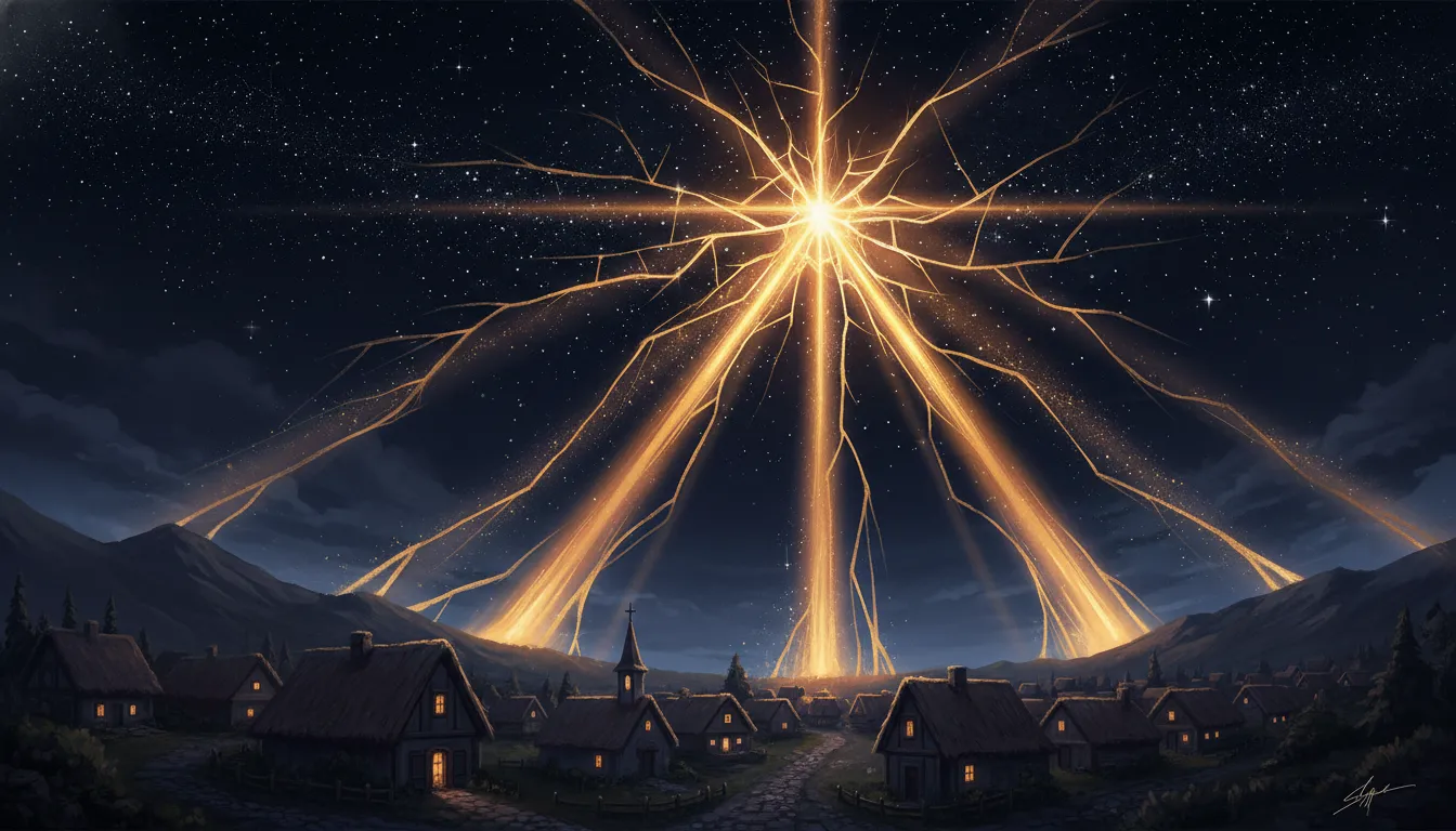 Golden beams of divine light breaking through a crack in a dark starry night sky
