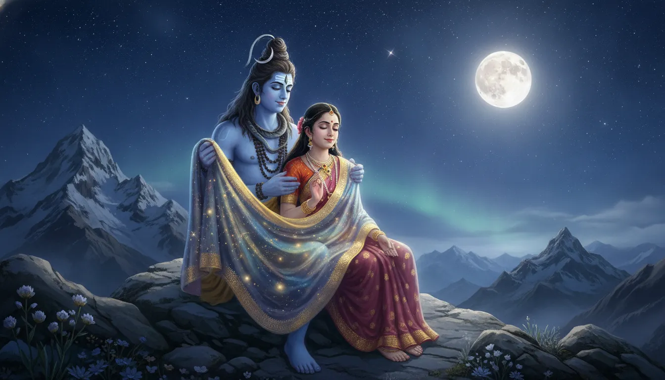 Shiva and Parvati sitting safely surrounded by a glowing aura under a protective moonlit sky