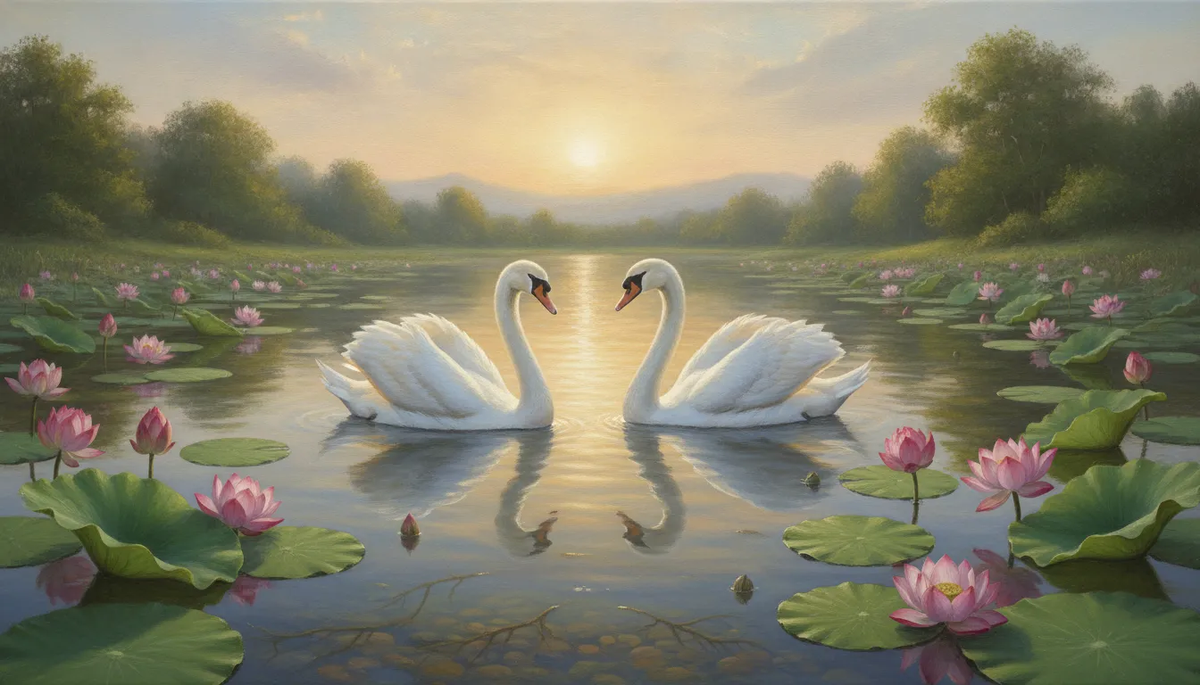 Spiritual digital art of two white swans swimming in a clean pond filled with pink and white lotus flowers.