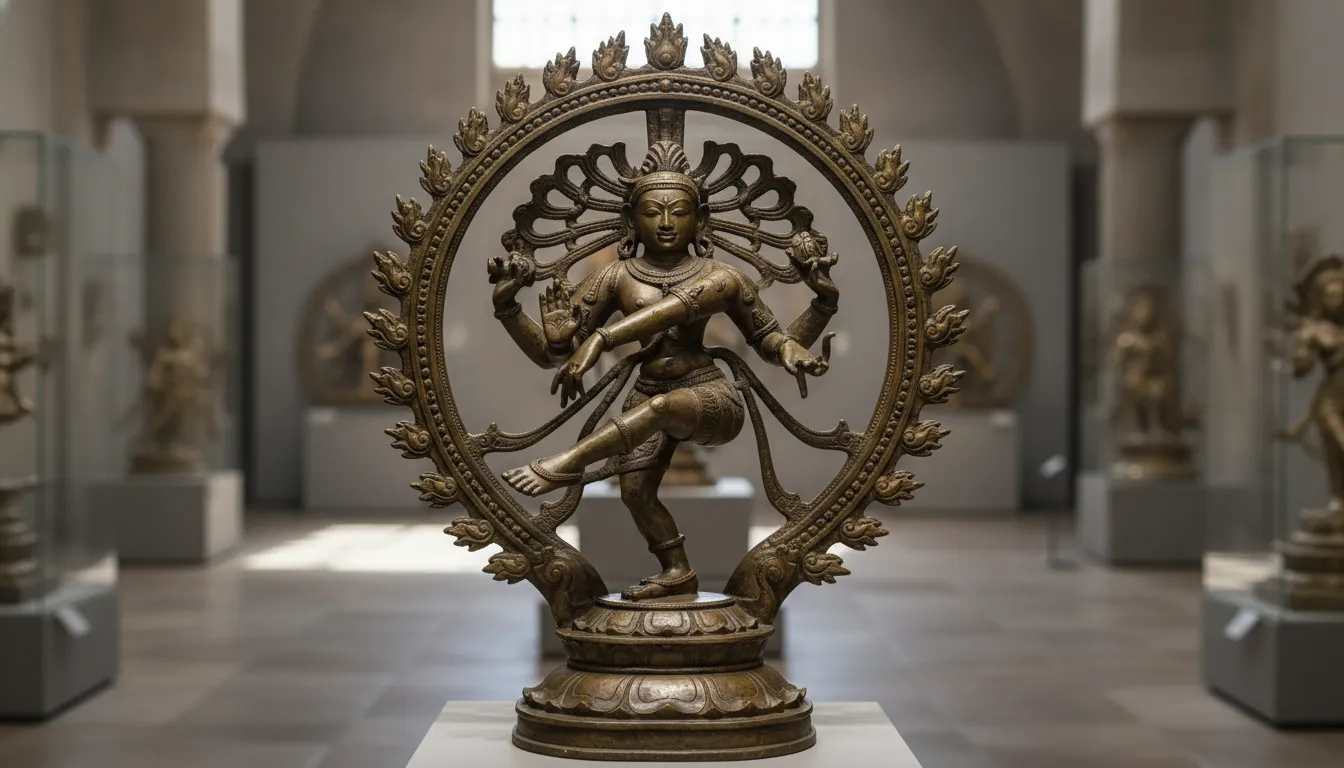 Heavy cast solid bronze dancing Shiva statue showcasing a deeply engraved circular arch