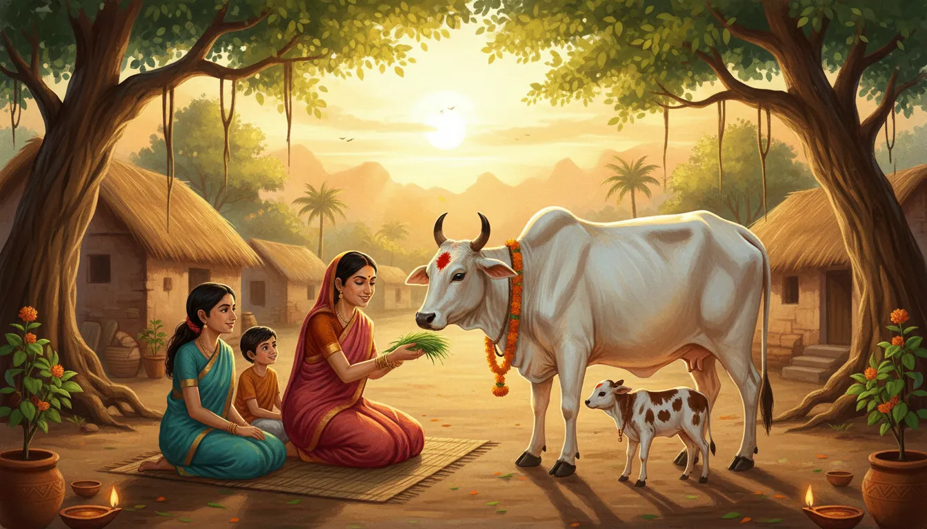 Family offering prayers and affection to a sacred cow and calf