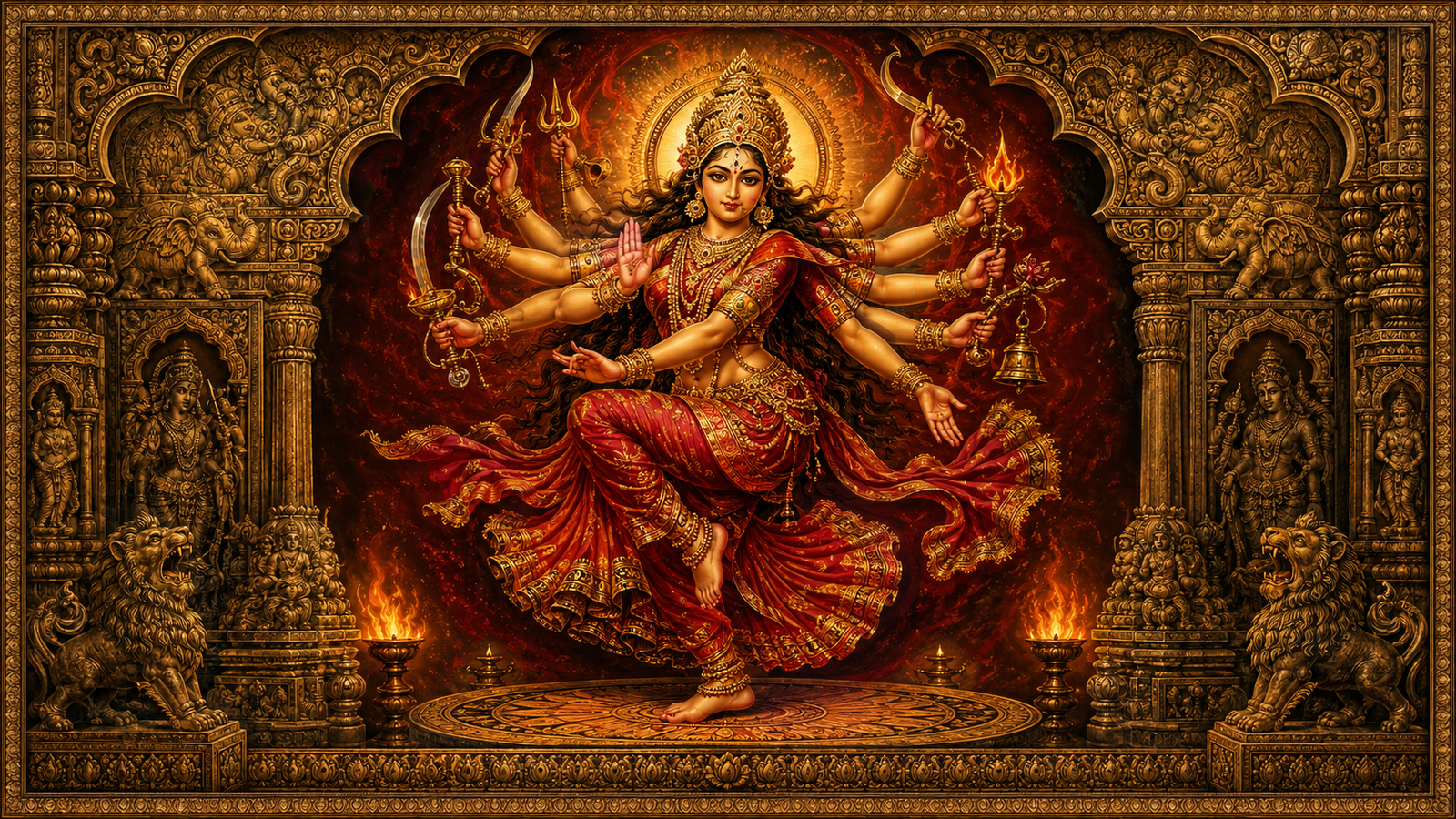 Traditional heritage style painting of a multi-armed deity dancing within an archive frame