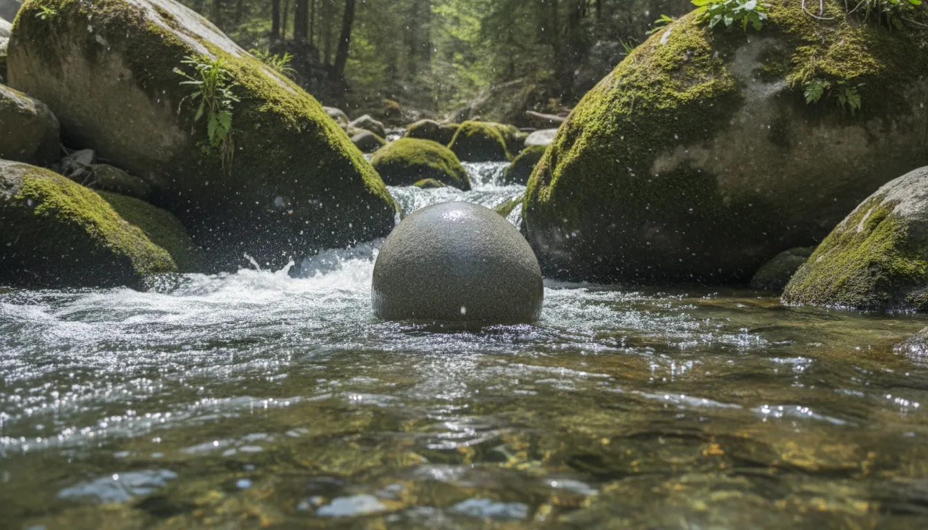 A rustic weather-worn stone Shivling resting quietly at the roots of a giant ancient banyan tree inside an enchanted forest