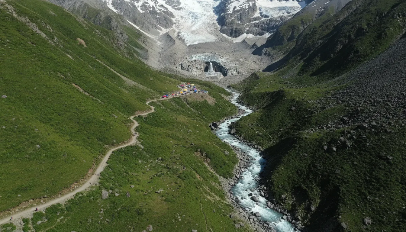 An aerial view of the scenic mountain valley trail leading to the world highest ice shivling cave.