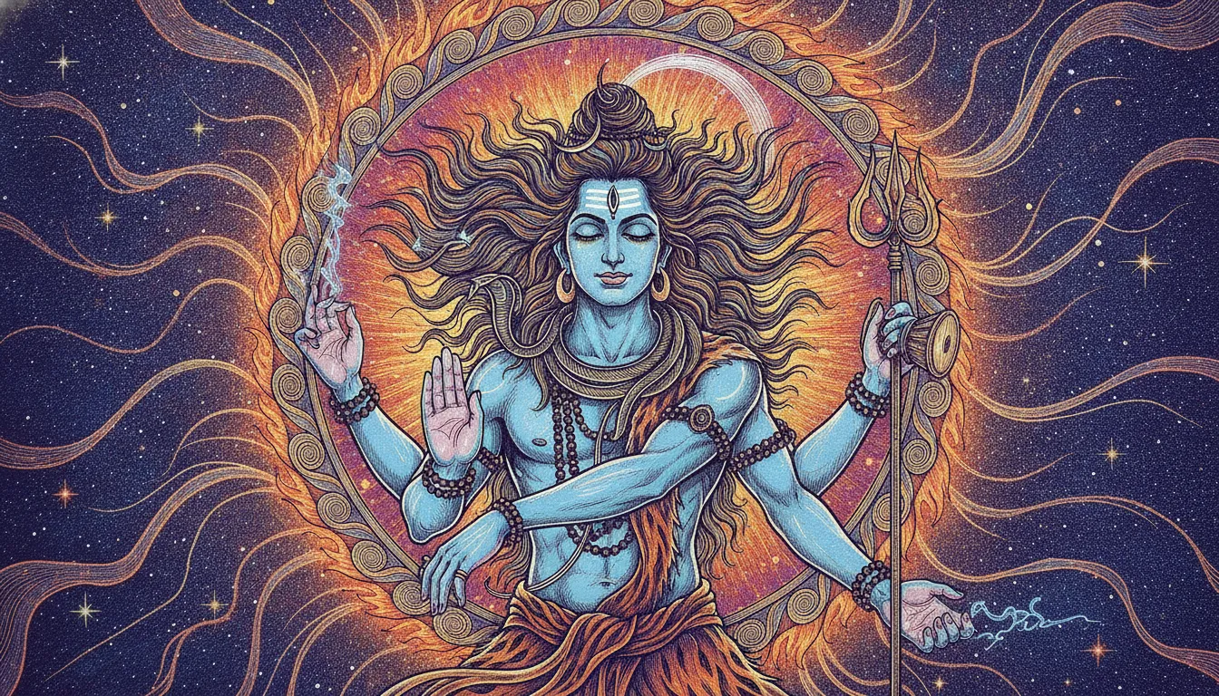 Highly detailed line art of dancing Nataraja showing motion waves and cosmic energy vectors.
