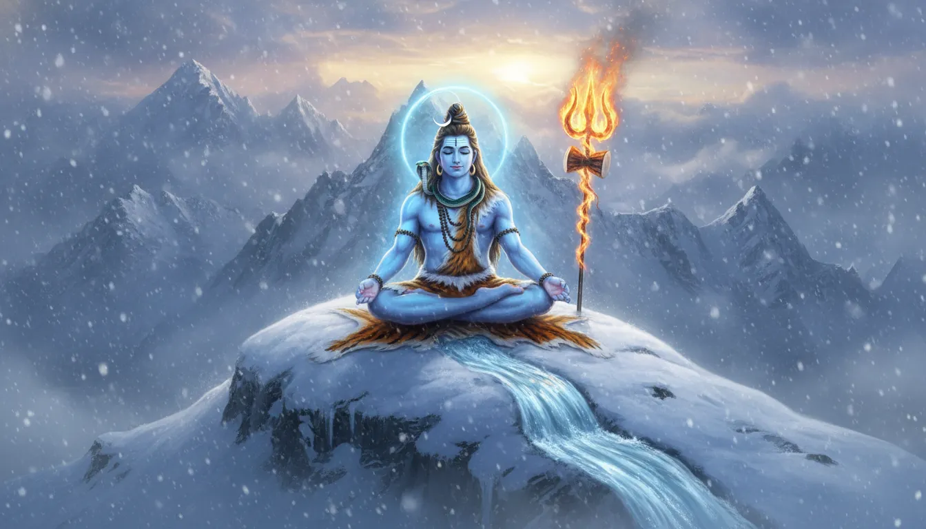 Lord Shiva meditating on a snow-covered Himalayan peak with a burning trident pierced in ice.