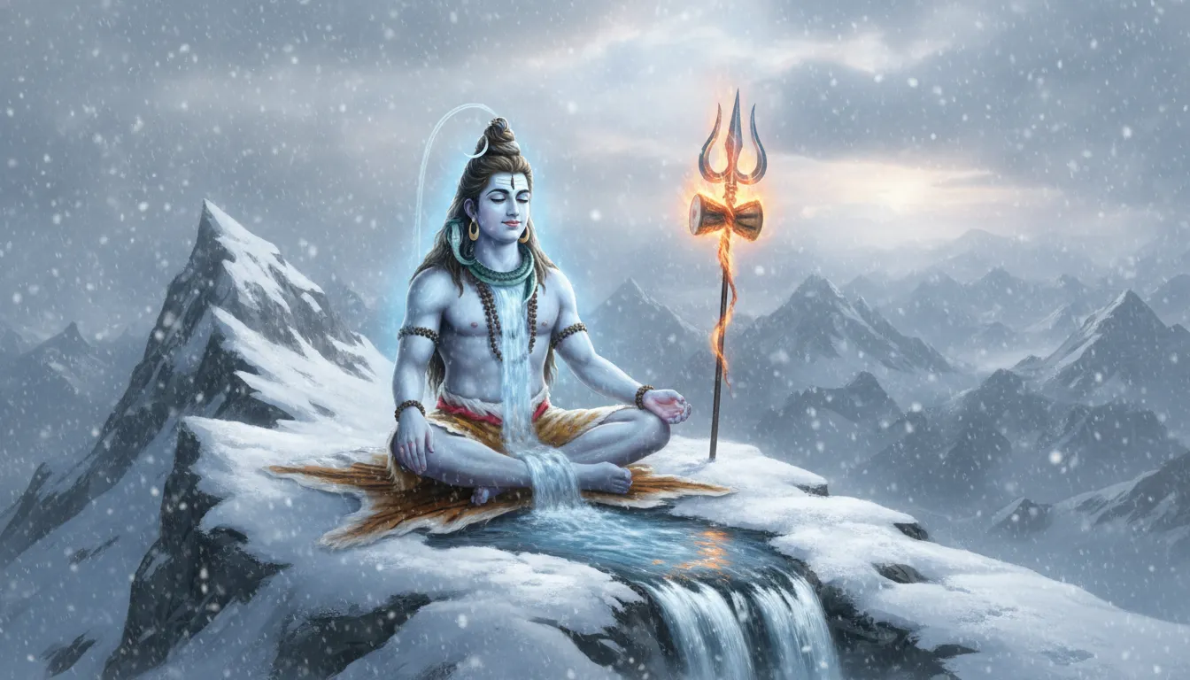 Lord Shiva meditating on a snow-covered Himalayan peak with a burning trident pierced in ice.