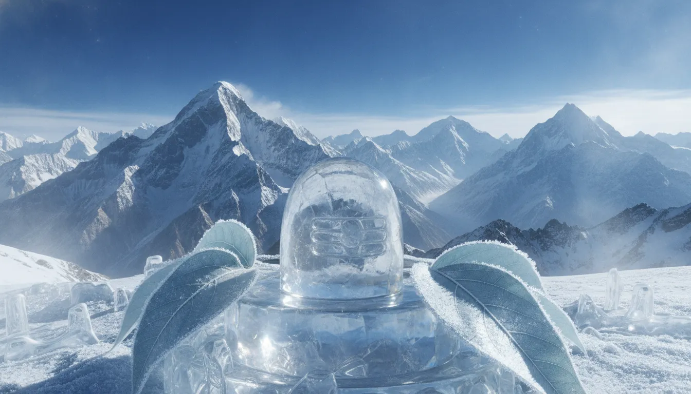 Sphatik shivling images with bili patra in blue colour set against the holy snow covered Himalayan mountains.