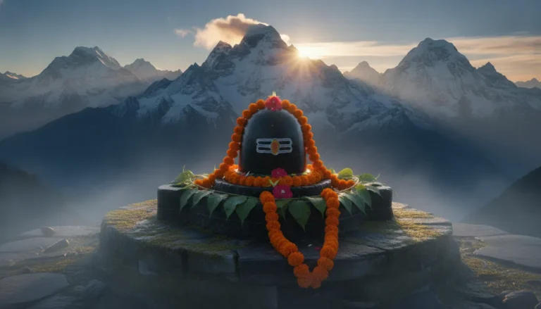 Sacred Lord Shiva Shivling surrounded by snow-capped Himalayan peaks during a golden sunrise, representing Har Har Mahadev shivling images.
