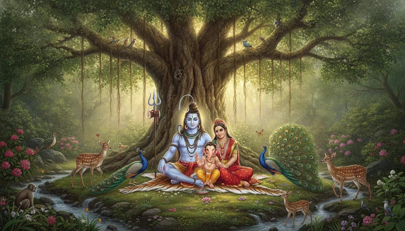 Lord Shiva Parvati and Ganesha surrounded by peacocks and deer in a Himalayan forest