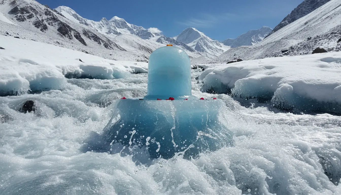 Lord Shivling carved from ice-blue stone surrounded by freezing Himalayan glacial stream water.