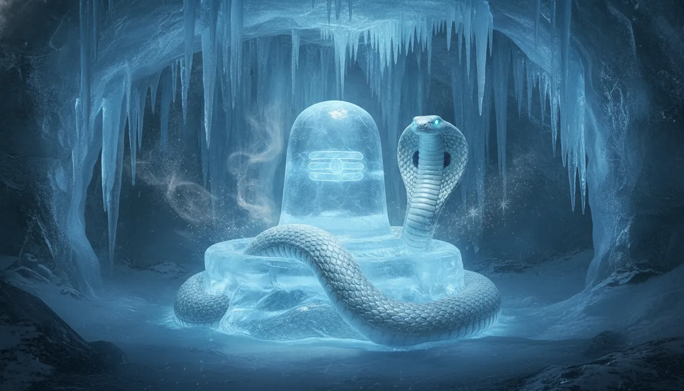 A sacred Shiva Lingam sculpted from pure ice in a Himalayan cave with a majestic cobra coiled around it.