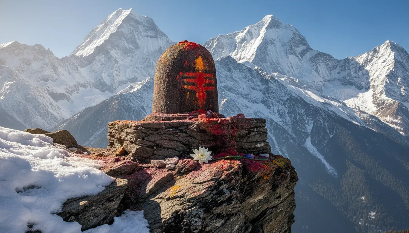 Lord Shivling HD images with gulaal set against a background of snow-capped Himalayan mountains.