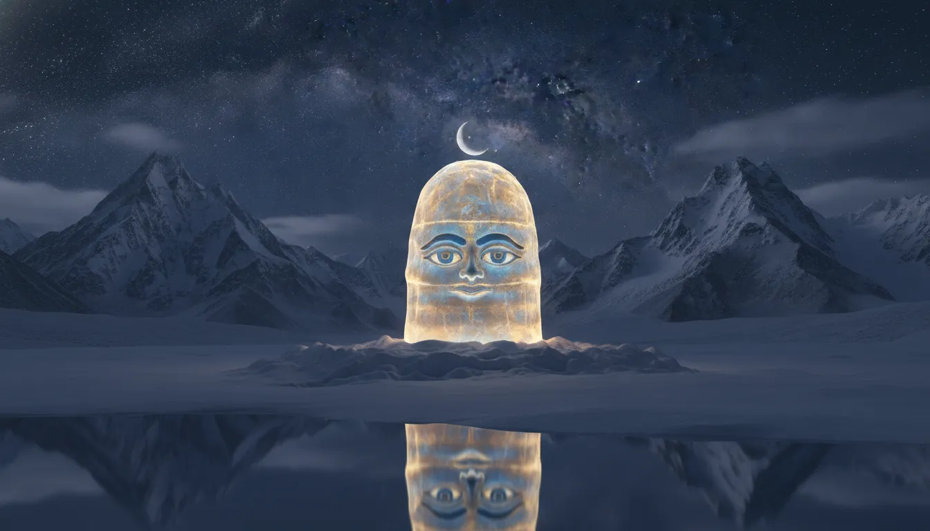 Mystical open eye images of shivling in snow-capped Himalayan mountains.
