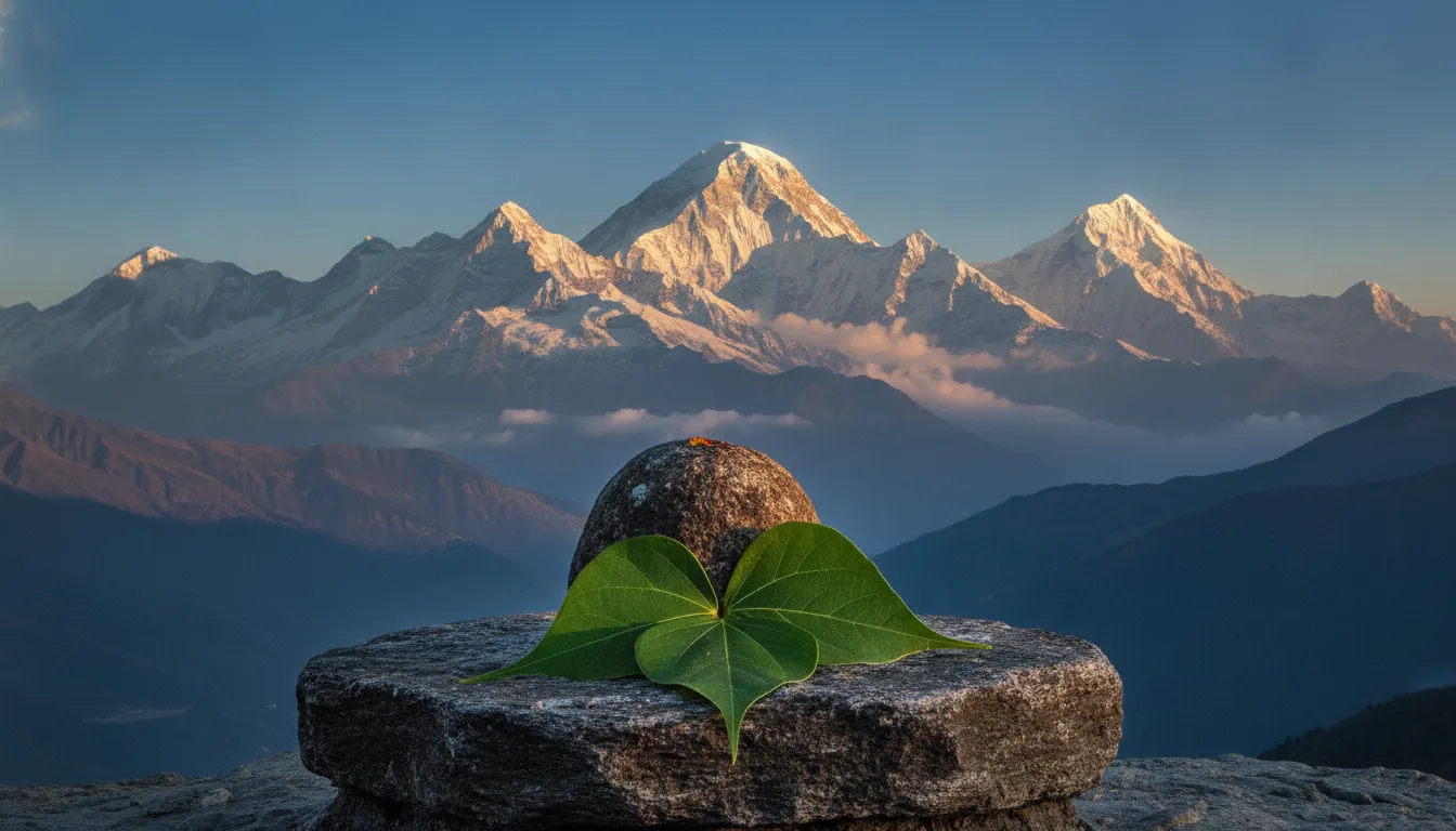 A powerful spiritual image of shivling with bilva patra positioned against the majestic, snow-capped peaks of the Himalayan mountains.