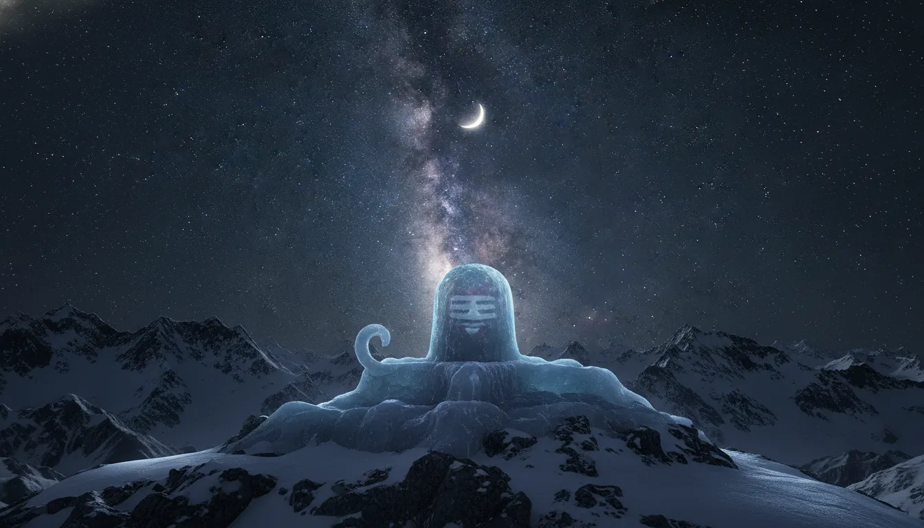 Lord Shiva Lingam situated on snow-covered Himalayan peaks under a starry night sky