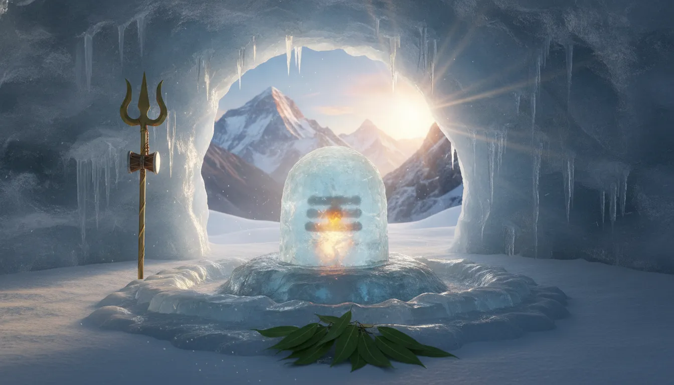 Natural ice Shivling in the snow-covered Himalayan cave with a glowing aura.