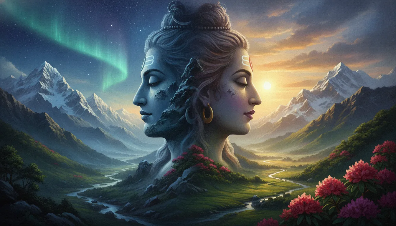 Double exposure art combining Shiva Parvati faces with Mount Kailash peaks