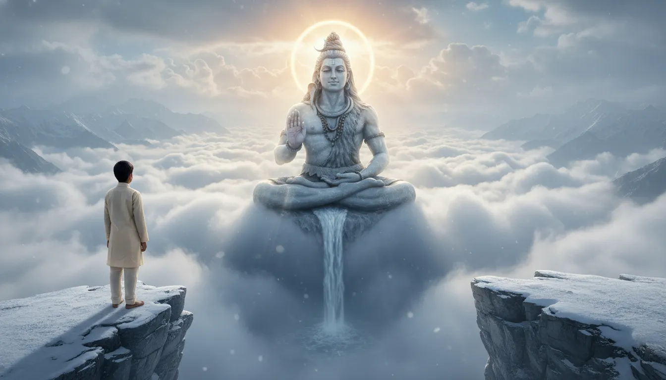 Lord Shiva silhouette blessing a devotee on snowy Himalayan mountain peak photo edit