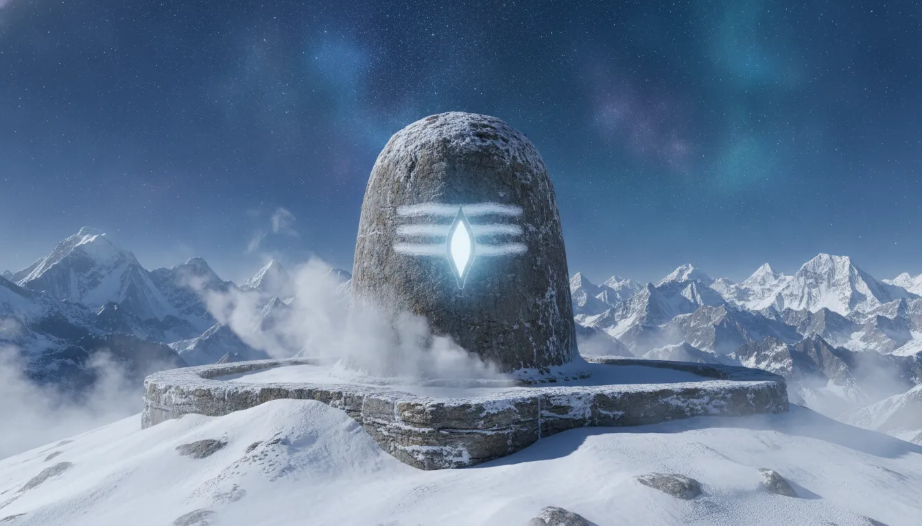 A majestic stone Shivling located in the snow-covered Himalayan mountains with a glowing blue vertical third eye.