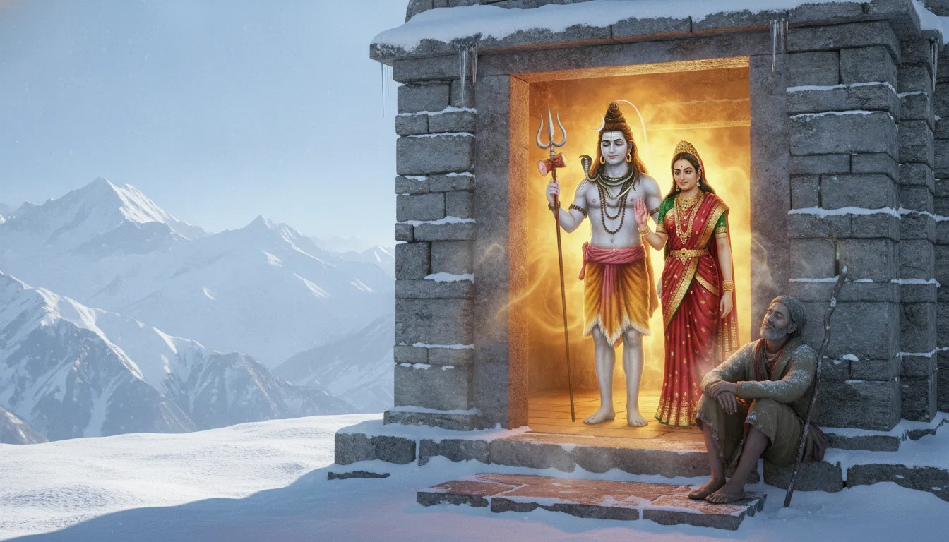 Shiva and Parvati at a snow-dusted mountain temple entrance blessing a pilgrim