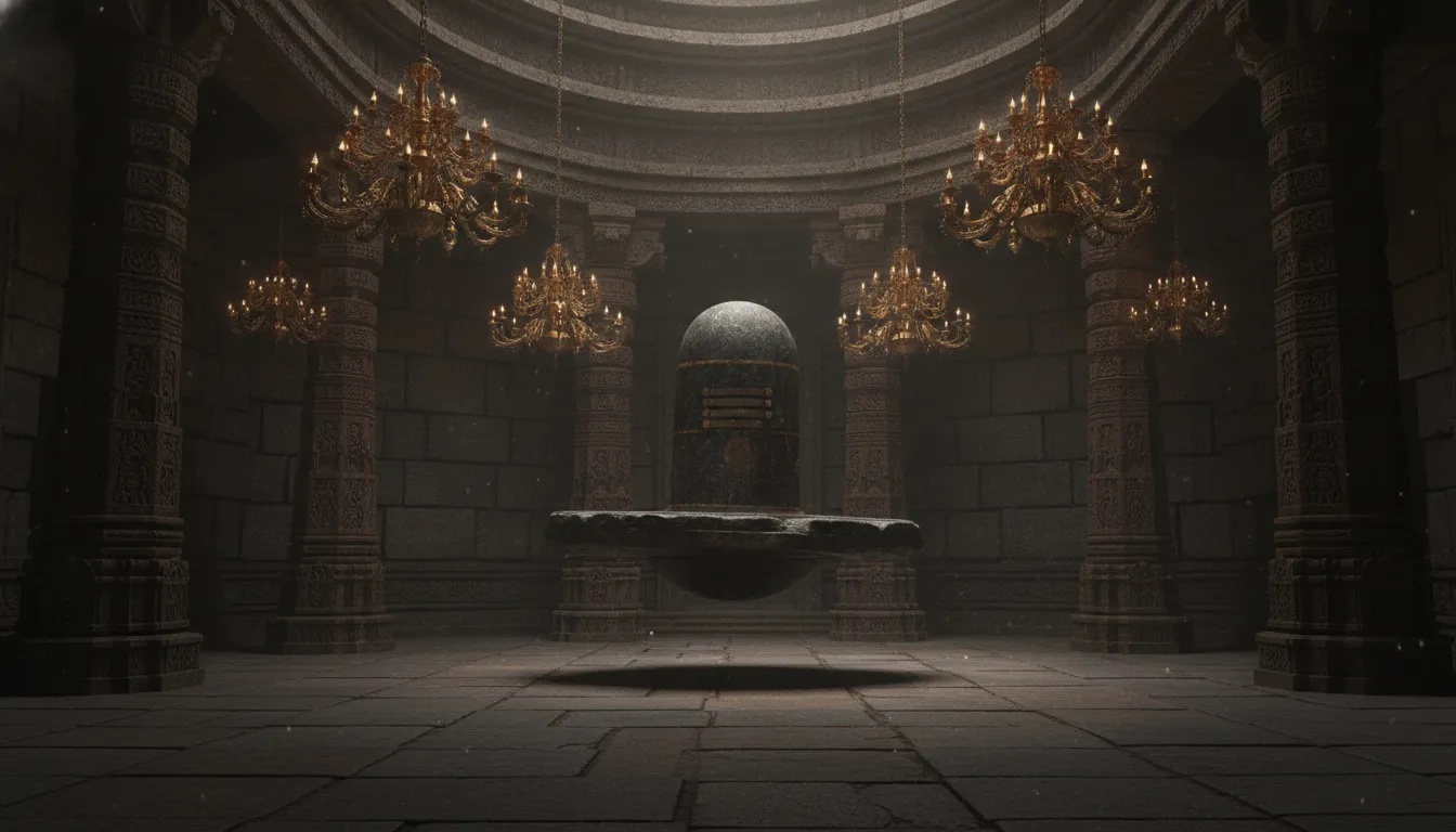 3D concept art showing the ancient legendary levitating stone image of somnath shivling suspended in mid-air.