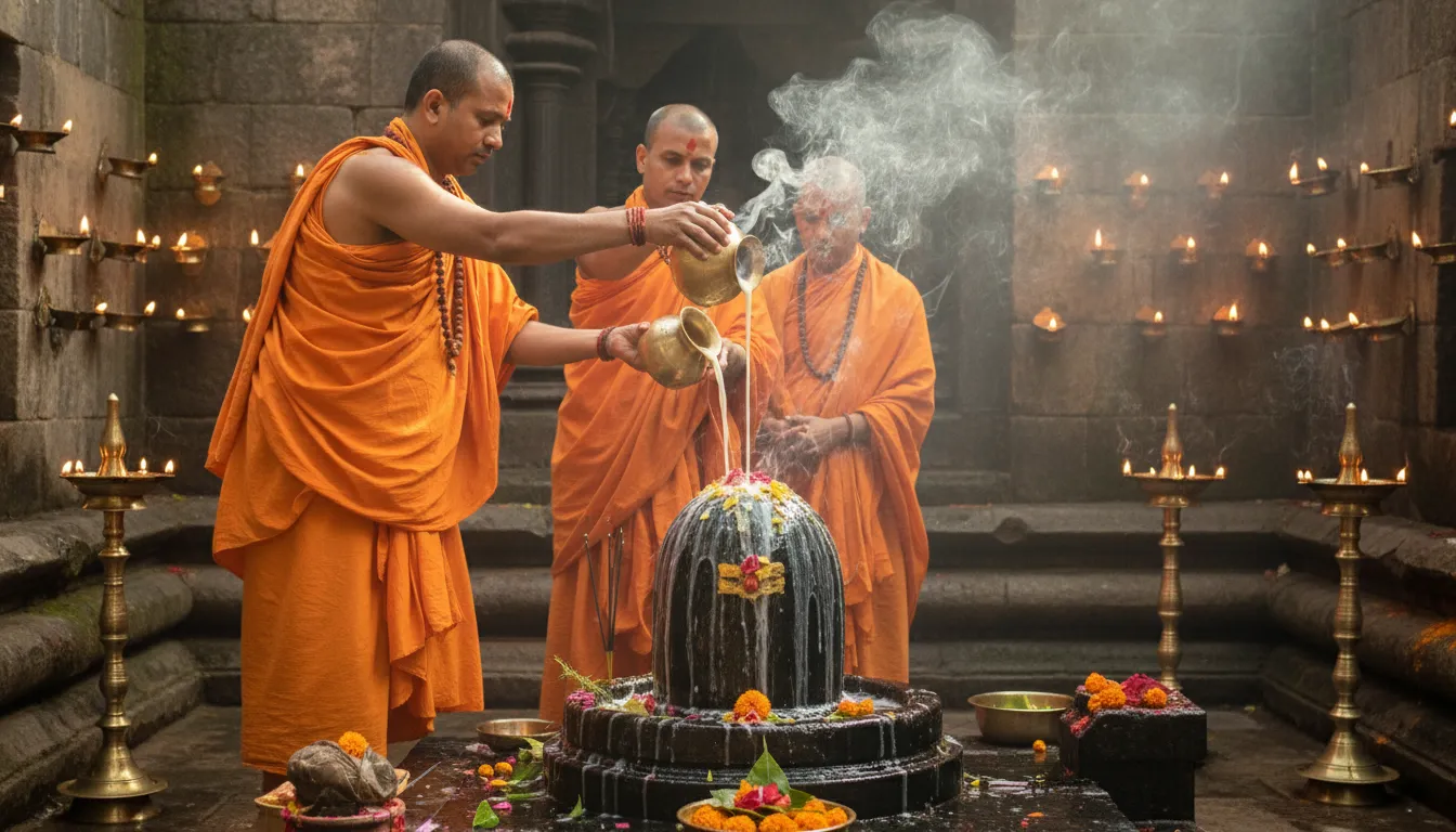 A still image from a ritual video depicting priests performing the holy Abhishek on the Pashupatinath Shivling using milk and honey.