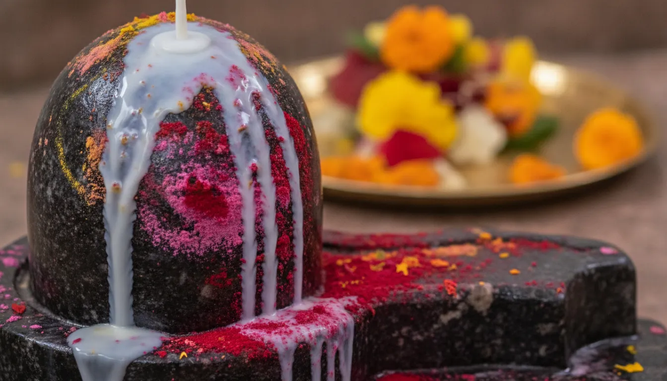 Lord Shivling HD images with gulaal blending with fresh milk during a holy Abhishekam ritual.