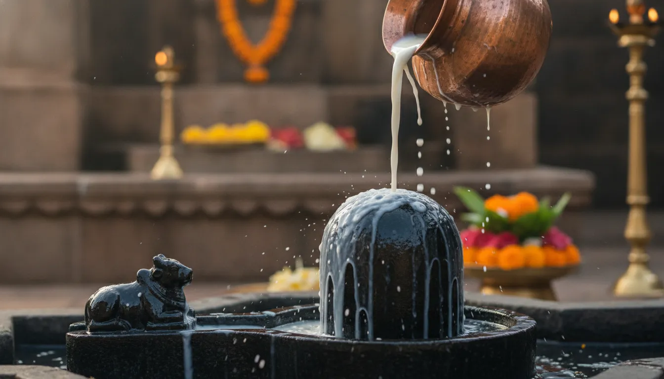 Full HD action shot of milk and holy water being poured over a stone Shivling and a nearby Nandi statue.