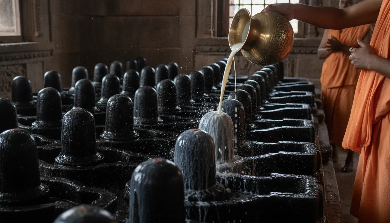 Priest performing milk and water Abhishekam on the 108 Shivlings in Omkareshwar.