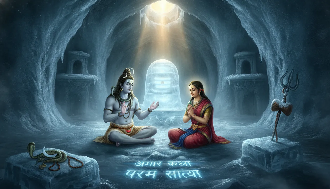 A spiritual illustration of the secluded Amarnath cave where Lord Shiva narrated the secret of immortality to Goddess Parvati.