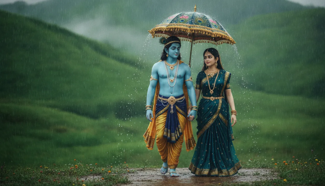 Divine couple sharing a single decorative umbrella during a soft rainfall in a scenic green landscape.
