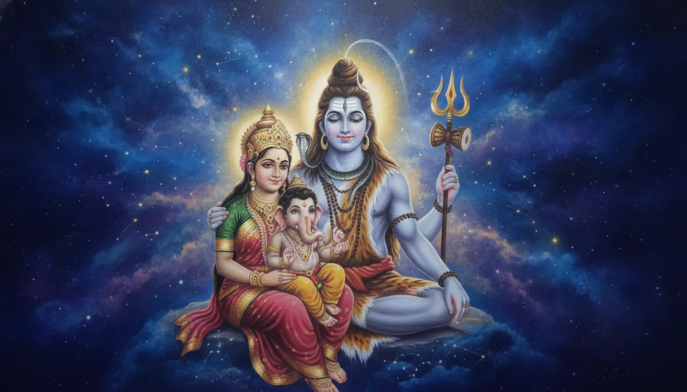 Shiva and Parvati blessing child Ganesha with a brilliant cosmic nebula background